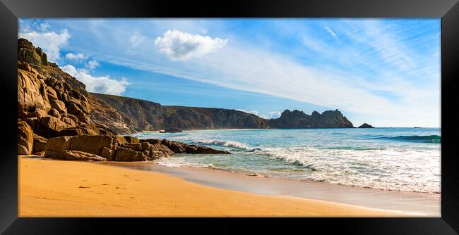 Porthcurno Beach and Logan Rock, Cornwall. Framed Print by Maggie McCall