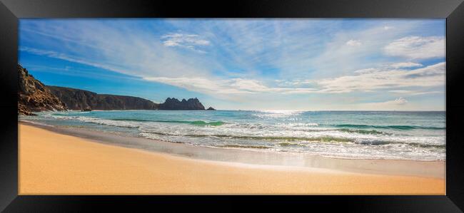 Porthcurno Beach and Logan Rock, Cornwall. Framed Print by Maggie McCall