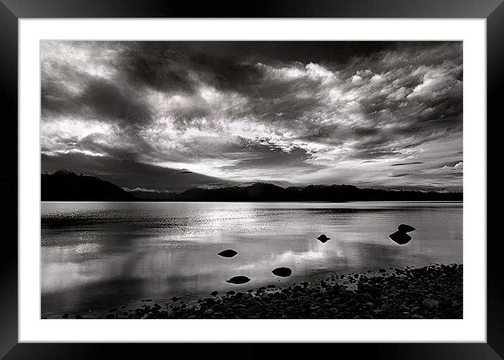 Sunset Lake Te Anau NZ in Monochrome Framed Mounted Print by Maggie McCall
