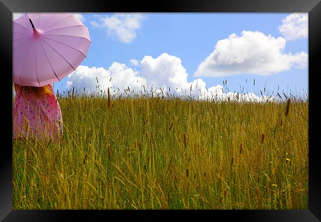 Pink Umbrella in the Hay Framed Print by Maggie McCall