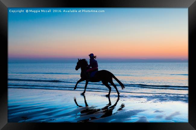 Silhouette of Horse and rider on Beach at sunset Framed Print by Maggie McCall