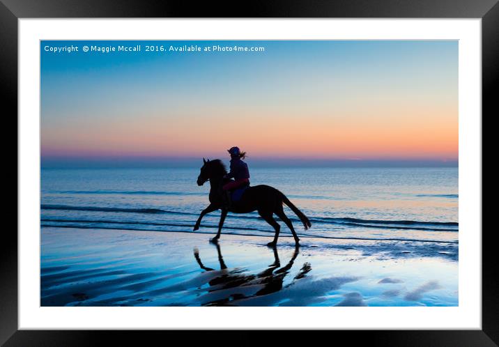 Silhouette of Horse and rider on Beach at sunset Framed Mounted Print by Maggie McCall