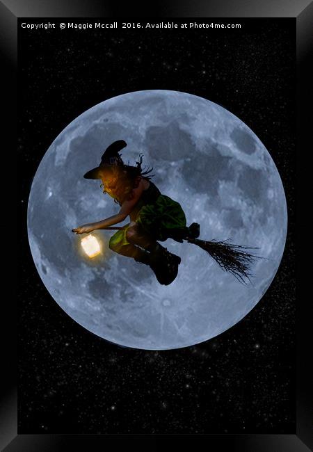 Flying Witch at full moon Framed Print by Maggie McCall