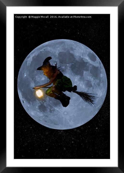 Flying Witch at full moon Framed Mounted Print by Maggie McCall