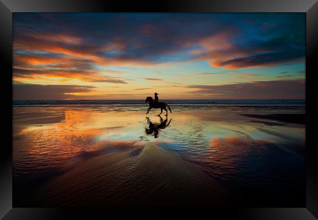 Horse Rider reflections at Widemouth Beach Framed Print by Maggie McCall