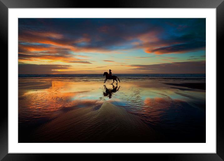 Horse Rider reflections at Widemouth Beach Framed Mounted Print by Maggie McCall