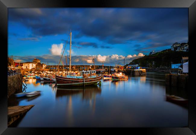 Sunset Mevagissey Harbour, Cornwall. Framed Print by Maggie McCall