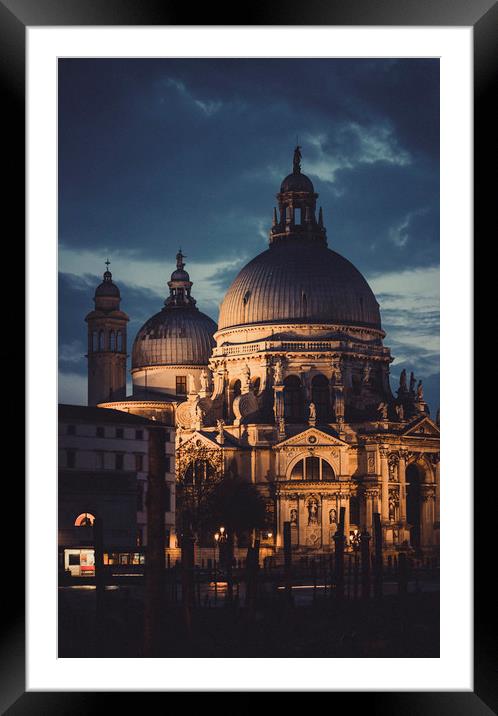 Santa Maria della Salute  at night in Venice Framed Mounted Print by Maggie McCall