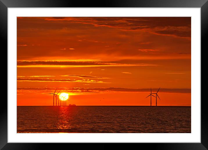FLAMING RED SKY ( Wind turbines at sea ) Framed Mounted Print by raymond mcbride