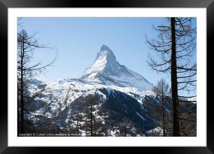View of the Matterhorn from the hiking trail to Sunnegga, Zermat Framed Mounted Print by J Lloyd