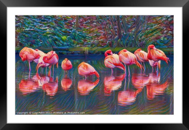 Fine art portrait of a pack of American flamingos. Framed Mounted Print by Luigi Petro