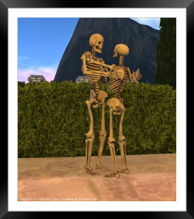 Two skeletons greeting each other. Framed Mounted Print by Luigi Petro