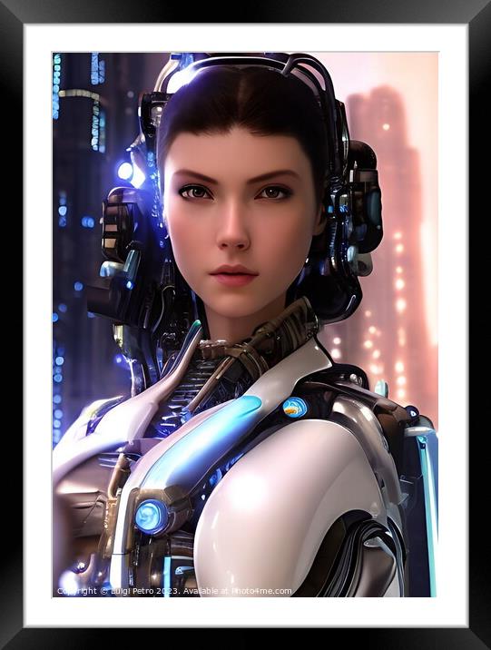 Cyborg woman, futuristic soldier in a cyberpunk su Framed Mounted Print by Luigi Petro