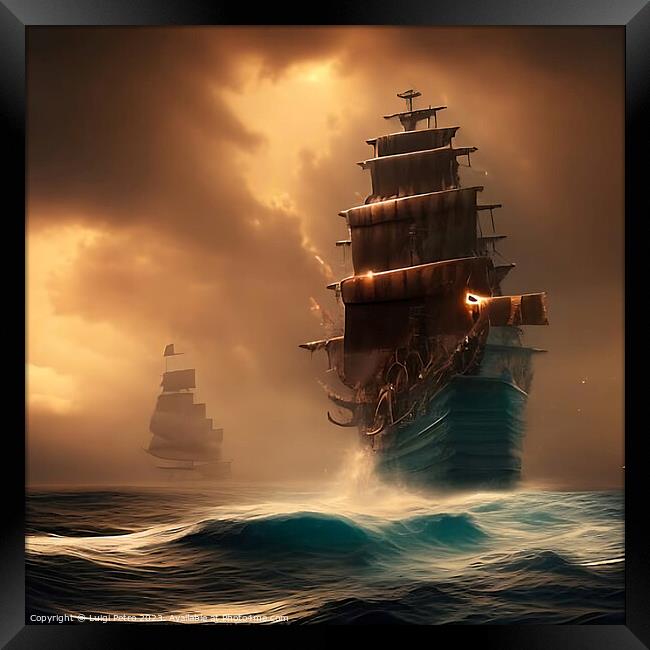 A huge ship sails on a stormy sea. AI generated. Framed Print by Luigi Petro