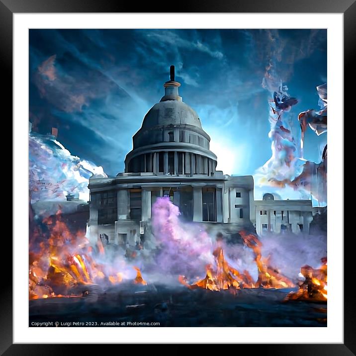 Washington Capitol Hill on fire. Framed Mounted Print by Luigi Petro