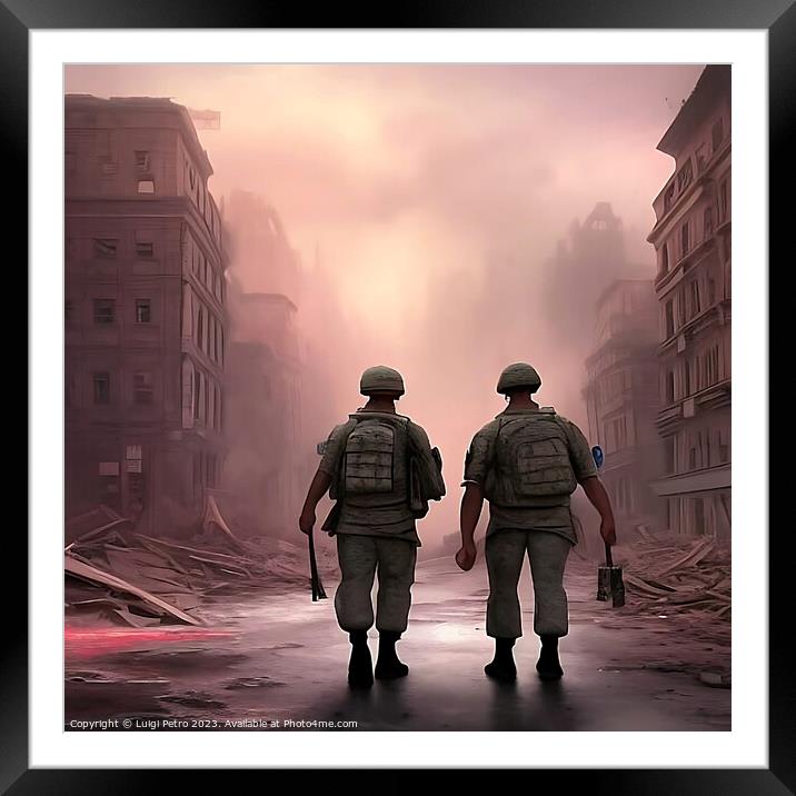 Two soldiers on patrol advancing through a city in Framed Mounted Print by Luigi Petro