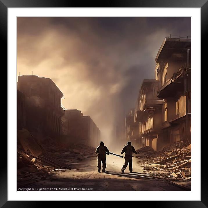 Two soldiers on patrol advancing through a city in Framed Mounted Print by Luigi Petro