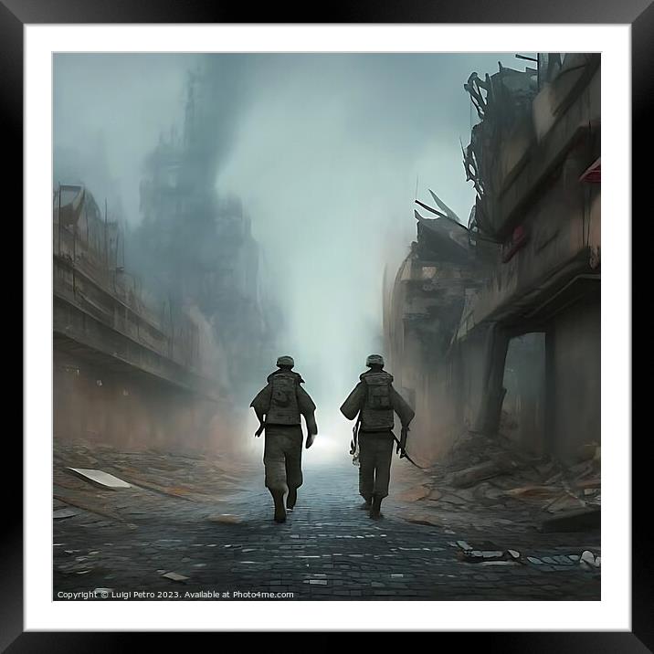 Two soldiers on patrol advancing through a city in Framed Mounted Print by Luigi Petro