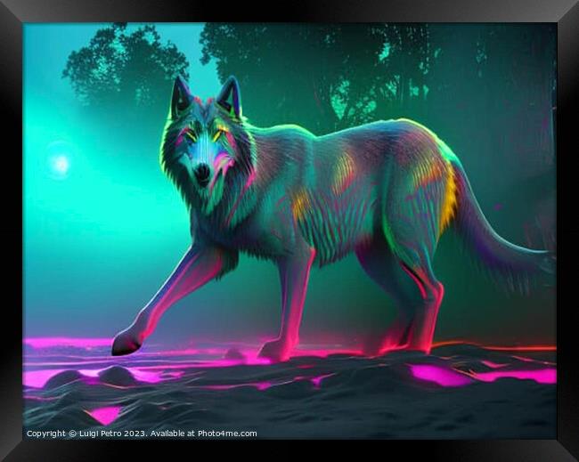 Neon iridescent psychedelic wolf. Framed Print by Luigi Petro