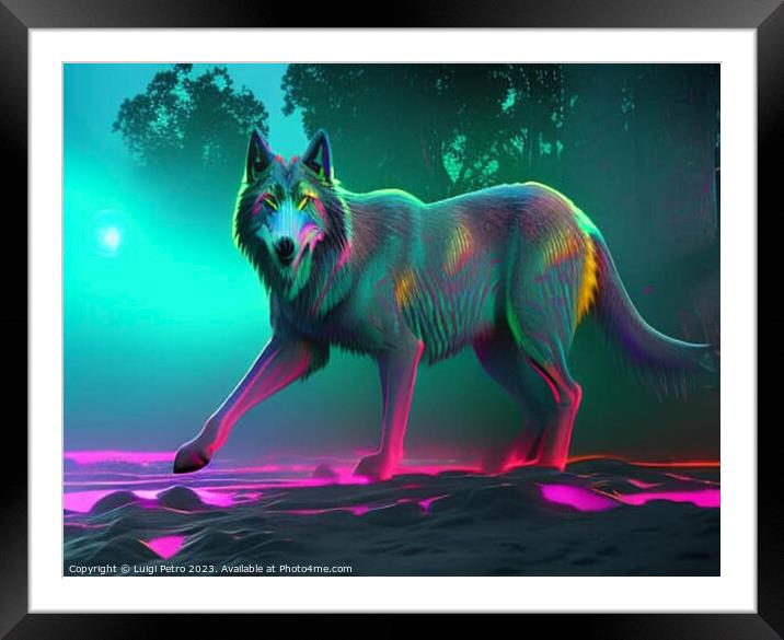 Neon iridescent psychedelic wolf. Framed Mounted Print by Luigi Petro