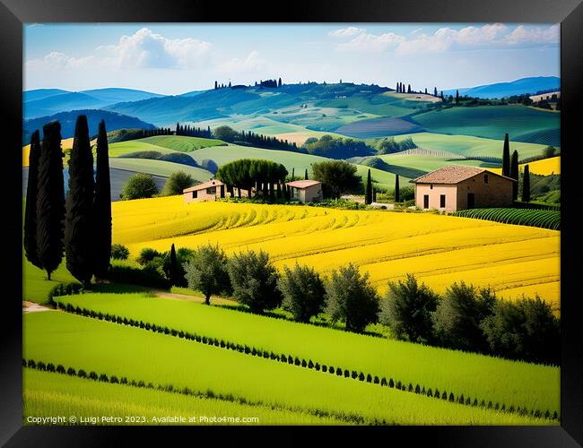 Farmhouse among the  rolling hills of Tuscany, Ita Framed Print by Luigi Petro