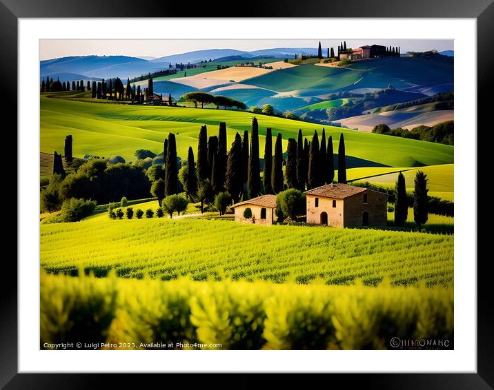 Farmhouse among rolling hills of Tuscany. Framed Mounted Print by Luigi Petro