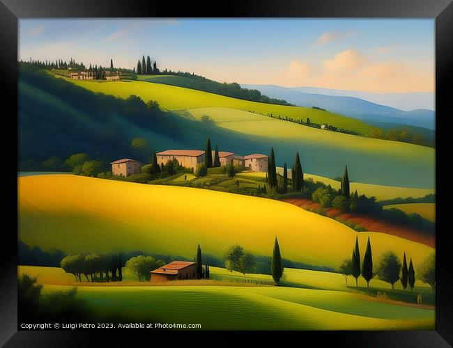 Farmhouses among  rolling hills Framed Print by Luigi Petro