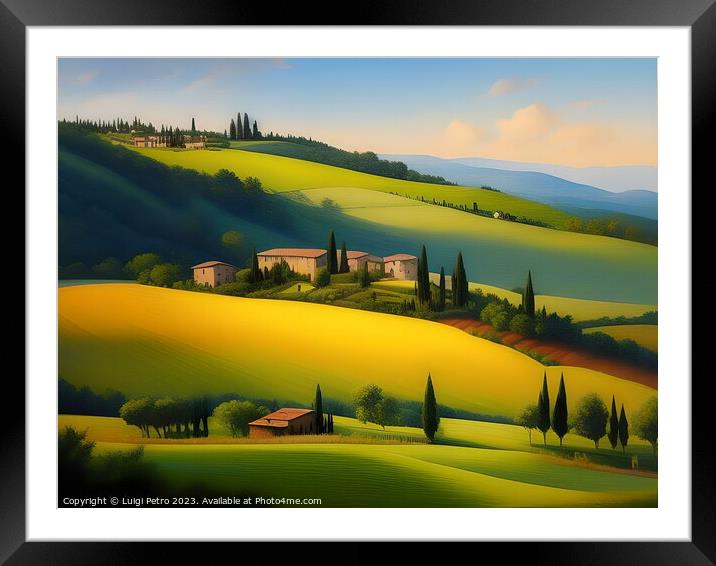 Farmhouses among  rolling hills Framed Mounted Print by Luigi Petro