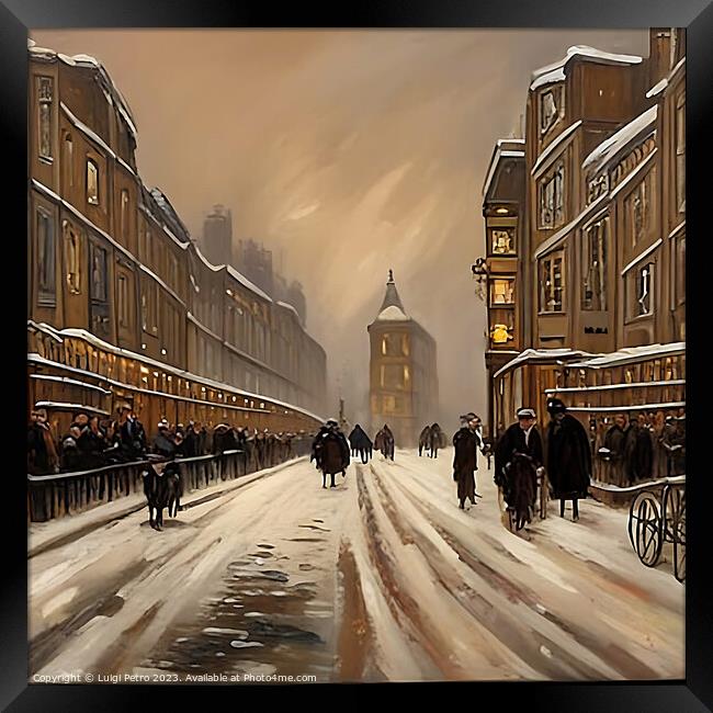 "Ethereal Victorian Cityscape: A Snowy Nocturnal J Framed Print by Luigi Petro