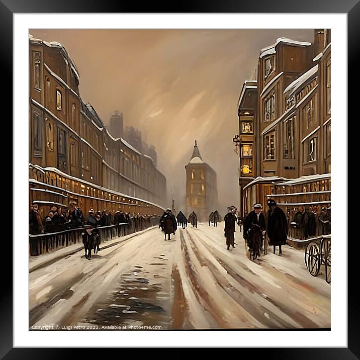 "Ethereal Victorian Cityscape: A Snowy Nocturnal J Framed Mounted Print by Luigi Petro