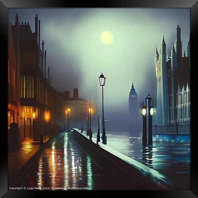 Night city scene of a street flooded with water on Framed Print by Luigi Petro
