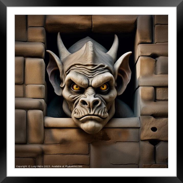 AI generated  gargoyle ogre face  hanging on a wal Framed Mounted Print by Luigi Petro