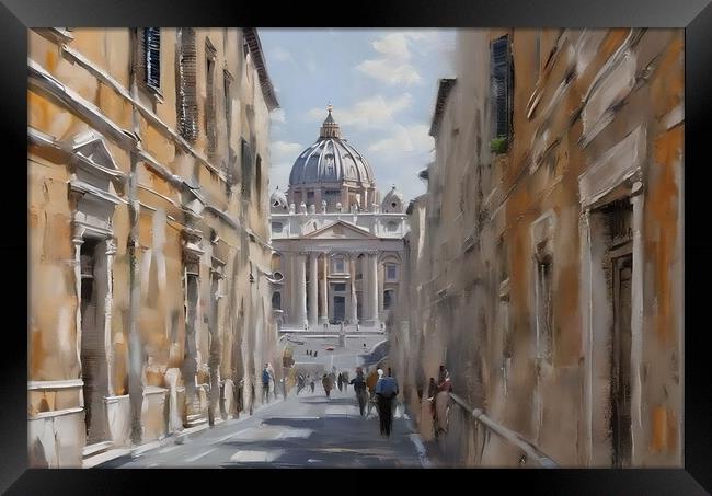Oil painting of pedestrian street in Rome.  Framed Print by Luigi Petro