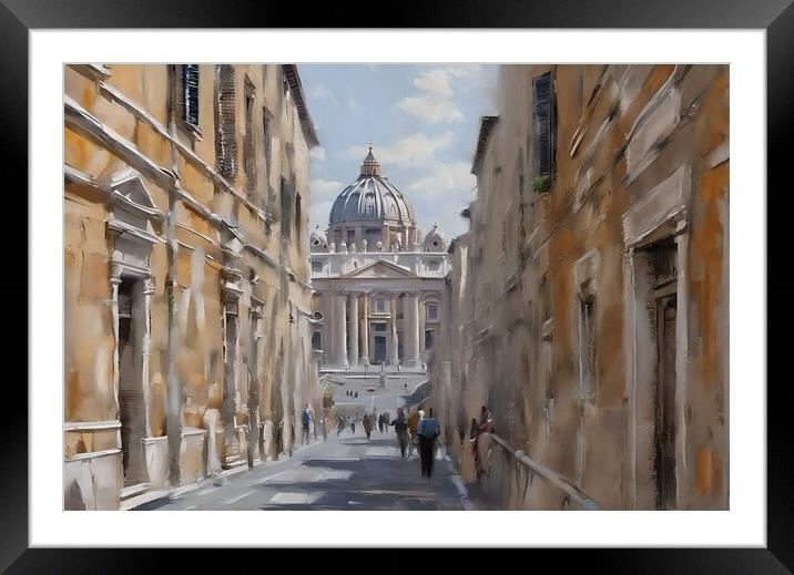 Oil painting of pedestrian street in Rome.  Framed Mounted Print by Luigi Petro