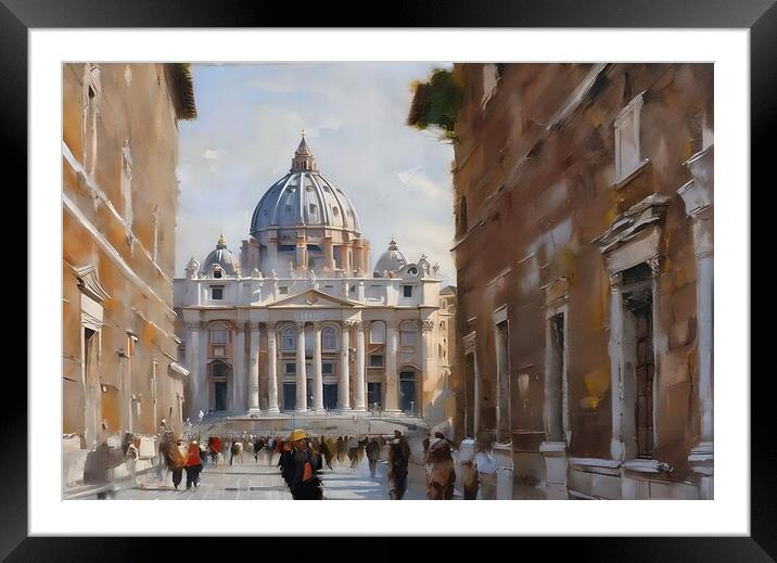 Oil painting of pedestrian street in Rome  Framed Mounted Print by Luigi Petro