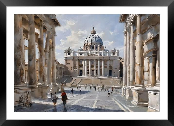 Oil painting of pedestrian street in Rome.  Framed Mounted Print by Luigi Petro