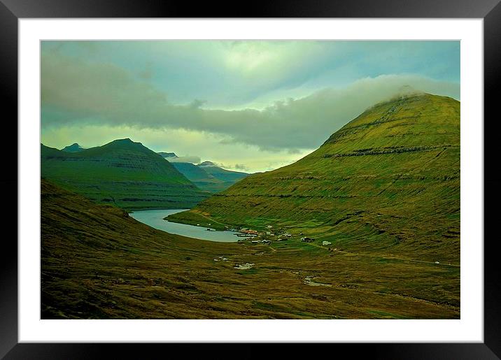  Mountains and small village in the Faroe Islands Framed Mounted Print by Sue Bottomley