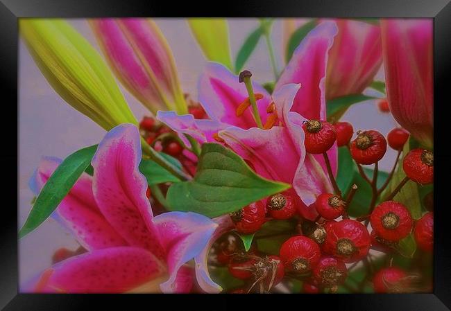 Flower arrangement with stargazer Lilies  Framed Print by Sue Bottomley