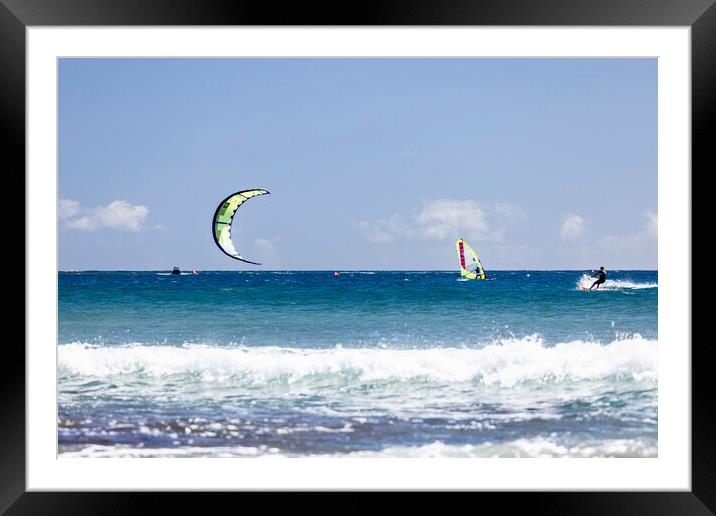 Kitesurfer on blue seas at  El Medano Tenerife Framed Mounted Print by Phil Crean