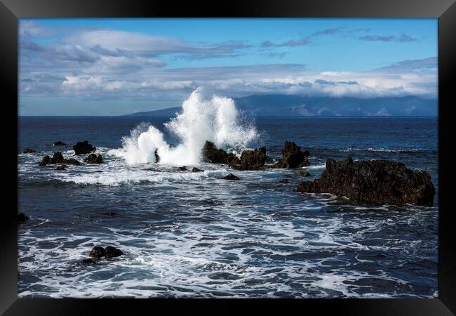 Wave crashing over rocks, Tenerife Framed Print by Phil Crean