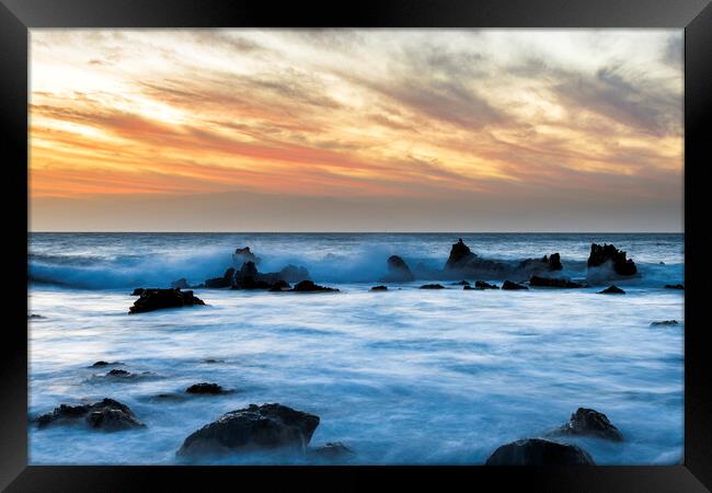 Outdoor Orange sky and blue sea just after sunset, Tenerife Framed Print by Phil Crean