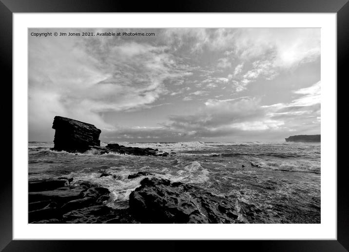 Collywell Bay storm in B&W Framed Mounted Print by Jim Jones