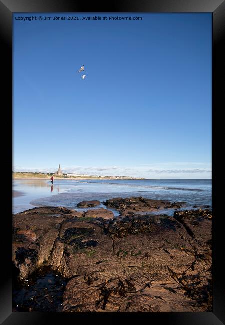 Tynemouth Long Sands under a blue sky Framed Print by Jim Jones