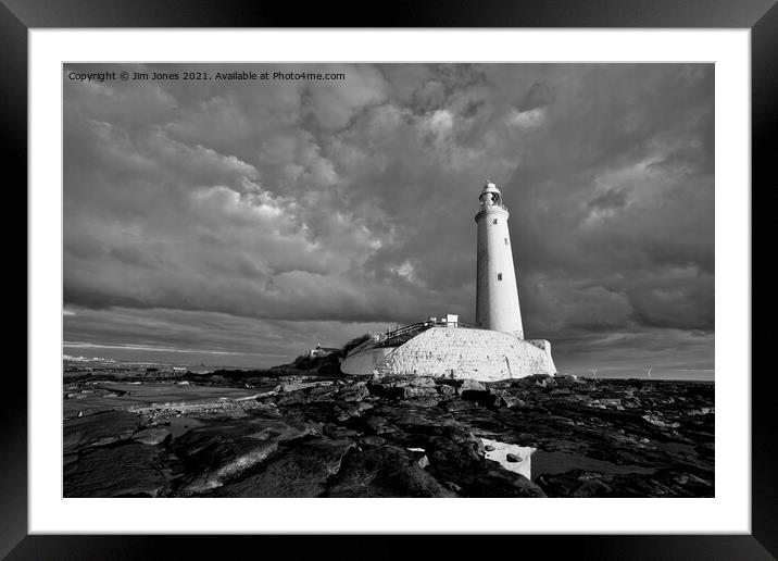 St Mary's Island reflected - Monochrome Framed Mounted Print by Jim Jones