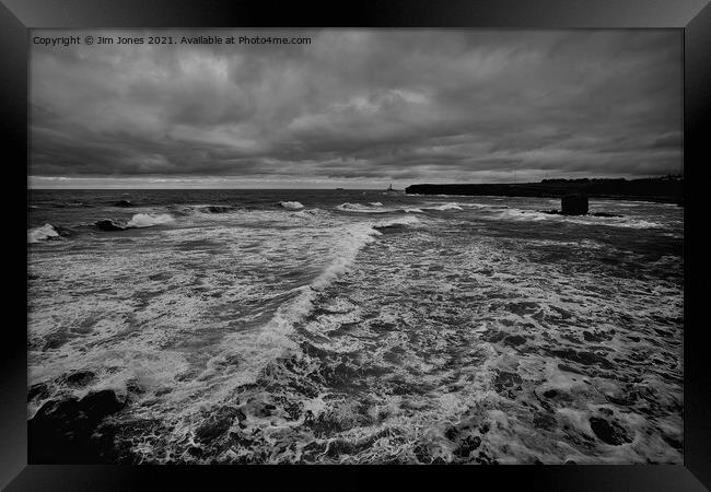 Collywell Bay storm - Monochrome Framed Print by Jim Jones