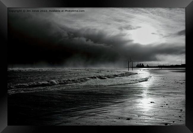 Storm Clouds on Cambois Beach in Monochrome Framed Print by Jim Jones