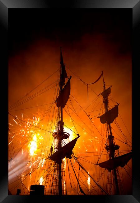 Fireworks and Tall Ships Framed Print by Jim Jones