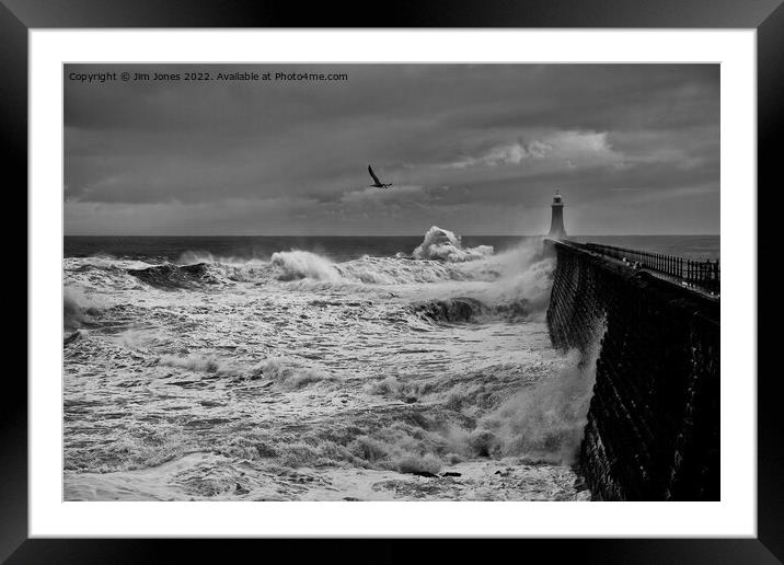 Stormy weather at Tynemouth Pier - Monochrome Framed Mounted Print by Jim Jones