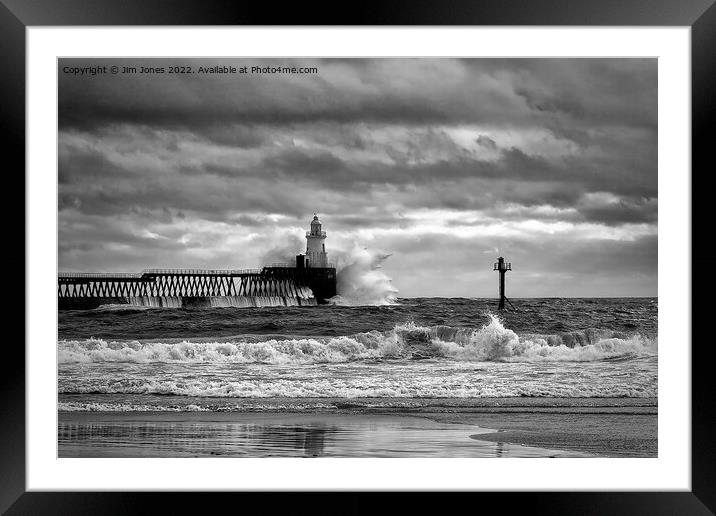 Storm at the mouth of the River Blyth - Monochrome Framed Mounted Print by Jim Jones