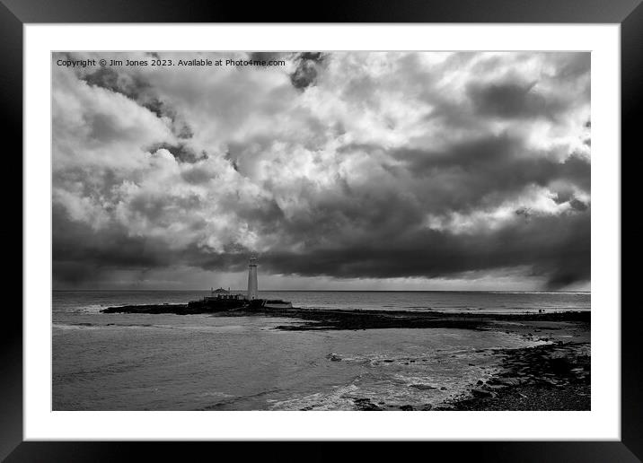 April showers at St Mary's Island - Monochrome Framed Mounted Print by Jim Jones